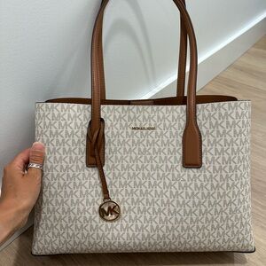 Michael Kors Cream and Brown Tote Bag with Gold Hardware